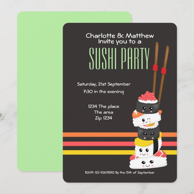 Sushi Party Niedlich Kawaii Personalize Japanisch Einladung (Vorne/Hinten)
