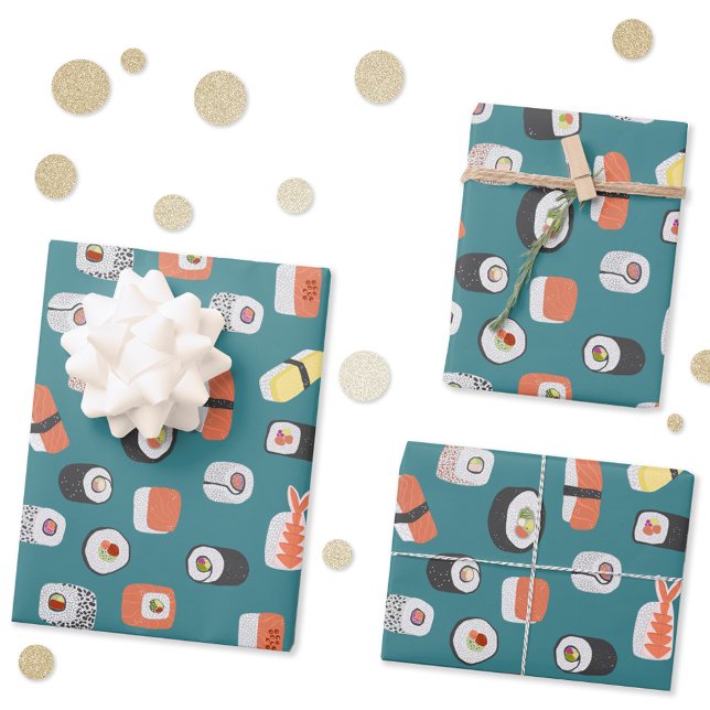 Sushi Pattern Aquamarin Green Geschenkpapier Set (Japanese sushi pattern gift wrap paper sheets)