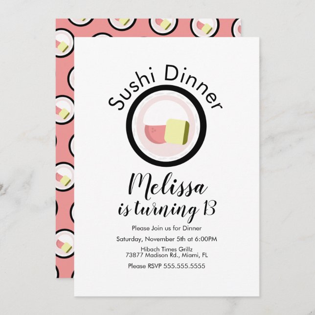 Sushi Roll Salmon Teen Birthday Restaurant Einladung (Vorne/Hinten)