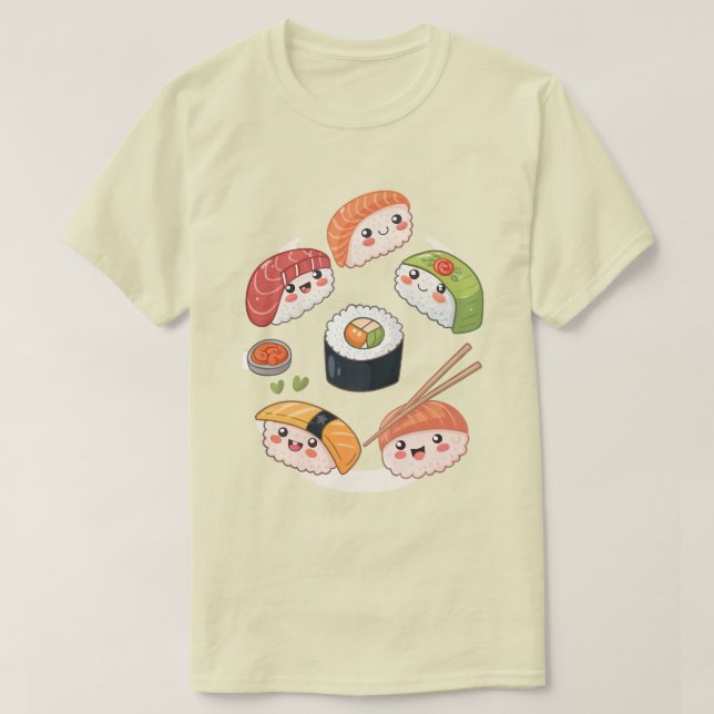 Sushi Roll Squad: Niedliche Kawaii Chibi Character T-Shirt (Design vorne)