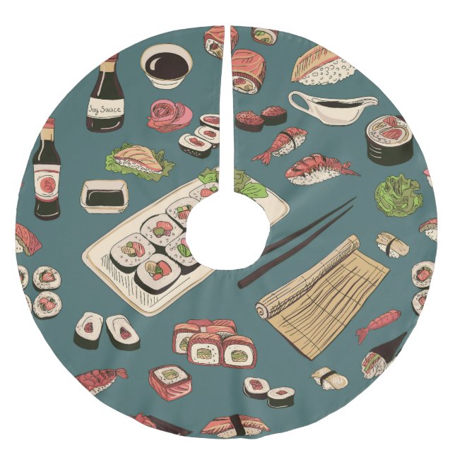 Sushi Rollen: Farbig Nahtlos Vintag. Polyester Weihnachtsbaumdecke (Vorderseite)