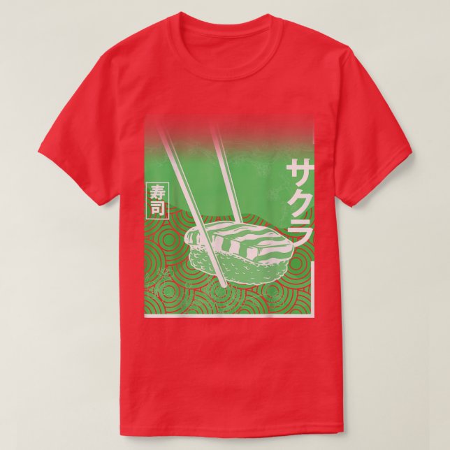 Sushi & Sakura Japanisch Kirschblossom Grüne Farbe T-Shirt (Design vorne)