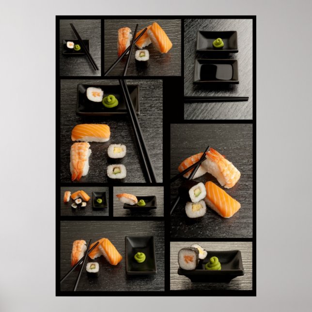 Sushi-Sammlung auf schwarzem Hintergrund Poster (Vorne)