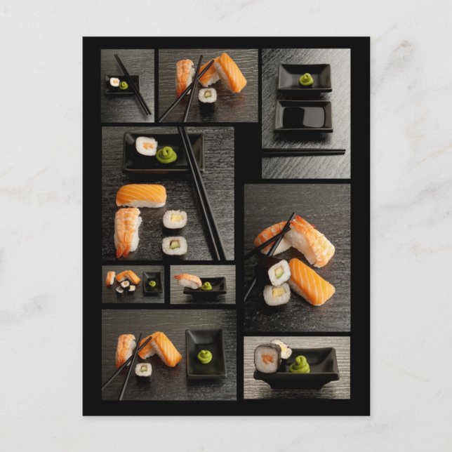 Sushi-Sammlung auf schwarzem Hintergrund Postkarte (Vorderseite)