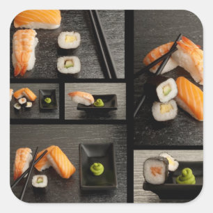 Sushi-Sammlung auf schwarzem Hintergrund Quadratischer Aufkleber