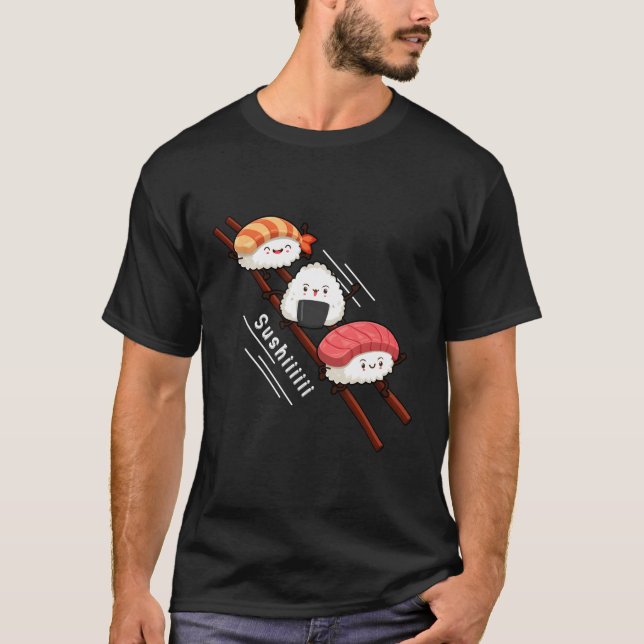 Sushi Sliding on Chopsticks Kawaii Anime Japanisch T-Shirt (Vorderseite)