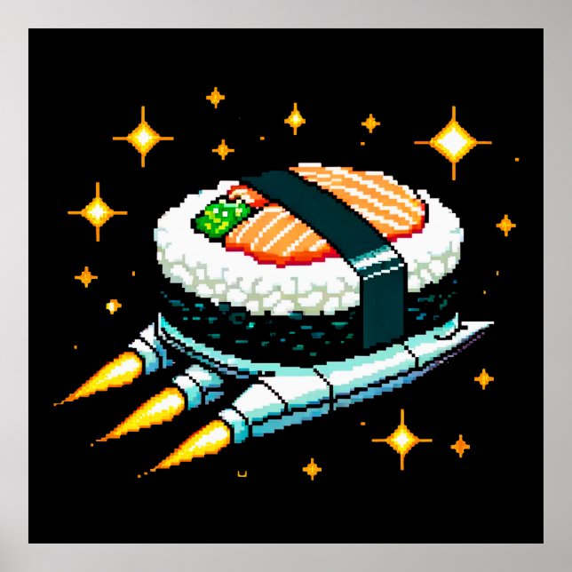 Sushi Spaceship Pixel Art Flying Sushi Roll Design Poster (Vorne)