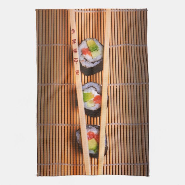 Sushi und hölzerne Essstäbchen Geschirrtuch (Vertikal)
