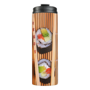 Sushi und hölzerne Essstäbchen Thermosbecher