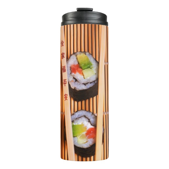 Sushi und hölzerne Essstäbchen Thermosbecher (Vorderseite)