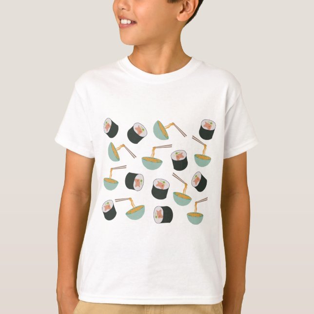 Sushi und Noodles Muster T-Shirt (Vorderseite)