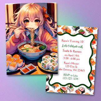 Sushi und Ramen Girl's Anime Birthday Party Einladung