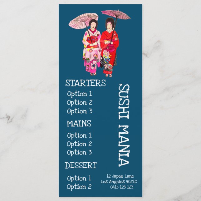 Sushiabendessenmenü des japanischen Restaurants Menükarte (Vorderseite)