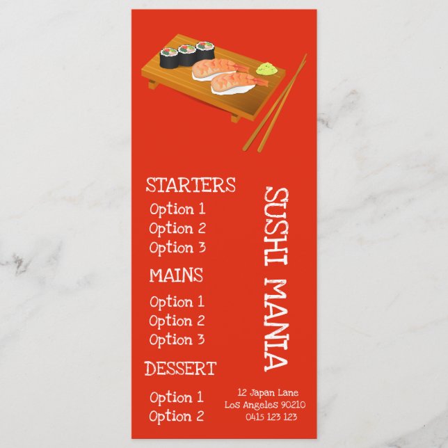 Sushiabendessenmenü des japanischen Restaurants Menükarte (Vorderseite)