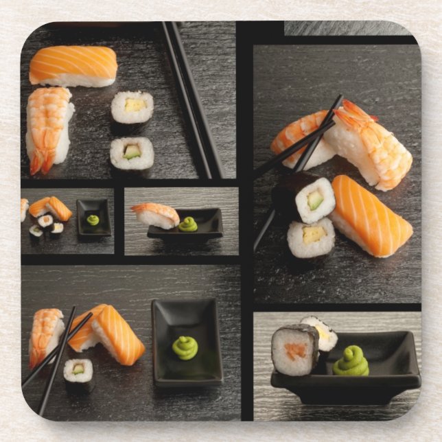 Sushisammlung auf schwarzem Hintergrund Getränkeuntersetzer (Vorderseite)