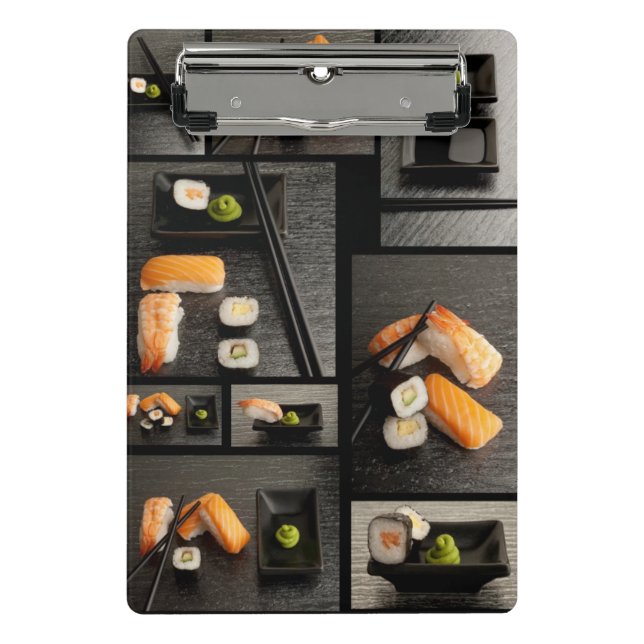 Sushisammlung auf schwarzem Hintergrund Mini Klemmbrett (Vorderseite)