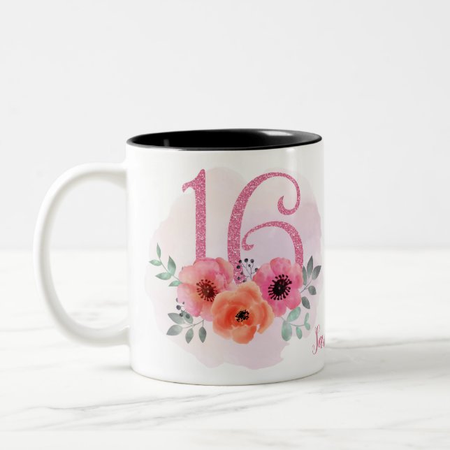 Süß 16 Geburtstag Pink Glitzer Zweifarbige Tasse (Links)