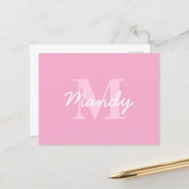 Süß aussehender kursiver Name & Monogramm | Rosa Postkarte