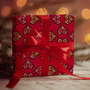 Süß & Elegant Boho-Herzen Rotes Vintage-Muster Geschenkpapier