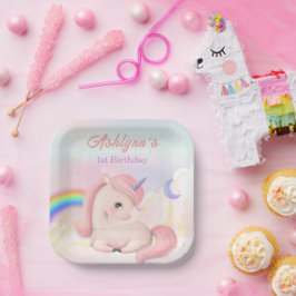 Süß Elegant Cute Rosa Wasserfarbe Einhorn Quadrat Pappteller