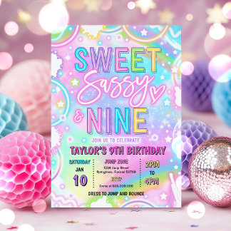 Süß, frech und neun Neons Regenbogen 9. Geburtstag Einladung