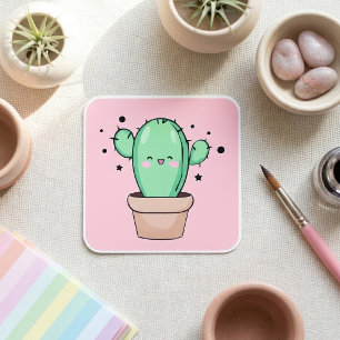 Süß lächelnder Kawaii-Baby-Kaktus in einer Vase mi Quadratischer Aufkleber