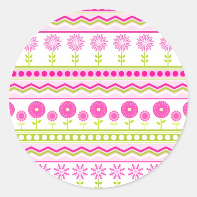 Süß rosa Federmuster mit Blume und Punkten Runder Aufkleber (Vorderseite)