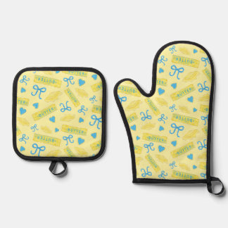 Süß-salzige Butter-Schleifen- und Herz-Muster Ofenhandschuh & Topflappen-Set