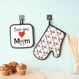 Süß und stilvoll „Love You Mom“ Ofenhandschuh & Topflappen-Set