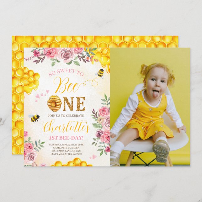 Süßbiene 1. Geburtstag Foto Einladung (Vorne/Hinten)