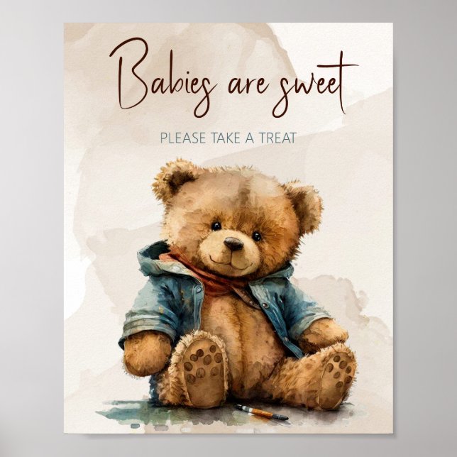 Süßbraune Aquarellteddytasche Baby Dusche Poster (Vorne)