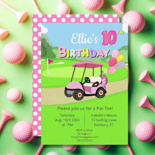 Süße 10. Geburtstags-Polka-Punkt-Rosa-Mädchen-Golf Einladung