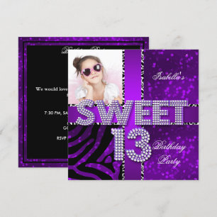 Süße 13 13. Geburtstag Zebra Glitter Lila Schwarz Einladung