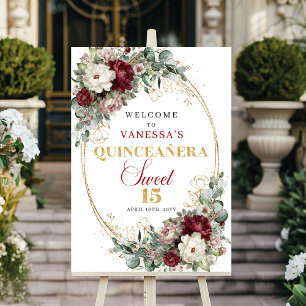 Süße 15 Burgunder Florale Goldene Quinceanera-Will Poster