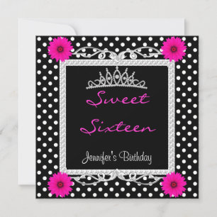 Süße 16 16. Schwarz Weiß Punkt Rosa floral Tiara Einladung