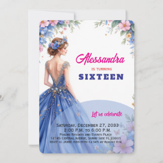 Süße 16 Blaue Robe Florale Elegante Mädchen-Geburt Einladung