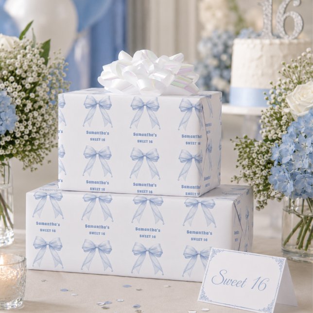 Süße 16 blaue Schleife Perlen Geschenkpapier (Von Creator hochgeladen)