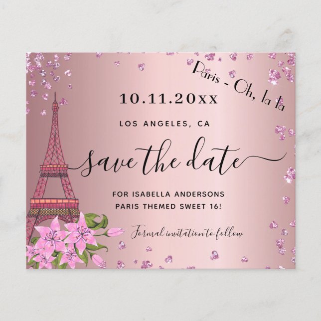 Süße 16 blaurosa Paris Save the Date Flyer (Vorne)