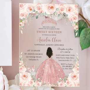 Süße 16 Blush Pink Florale Rose Gold Braune Mädche Acryleinladungen