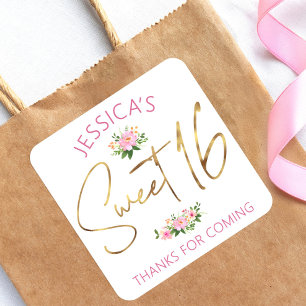 Süße 16 Blush Rosa Wasserfarbe Floral Gold Schrift Quadratischer Aufkleber