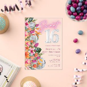 Süße 16 Bunte Tropische Blumen Disco Geburtstag Acryleinladungen