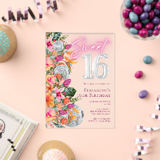 Süße 16 Bunte Tropische Blumen Disco Geburtstag Acryleinladungen