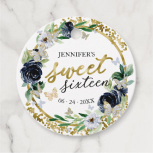 Süße 16 Florale Butterfly Navy Blau Gold Geschenkanhänger