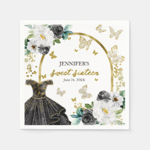 Süße 16 Florale Gold-Schwarze Kleid Schmetterling Serviette