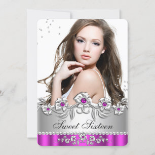 Süße 16-Foto Hot Pink Silber Diamant Juwel Party Einladung