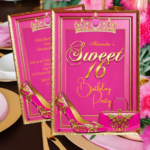 Süße 16 Geburtstags-Hot-Pink-Tiara-Absatz-Goldhand Einladung