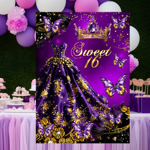Süße 16. Geburtstags lila Gold Kleid Schmetterling Einladung