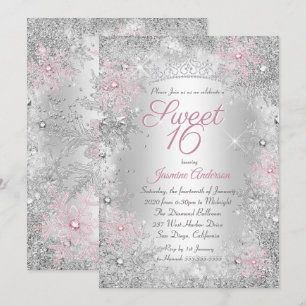Süße 16. Geburtstags-Pink Silber Winter Wonderland Einladung