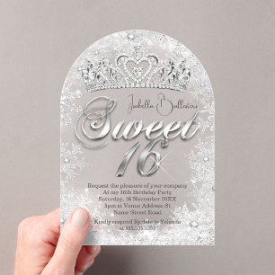 Süße 16 Geburtstags-Silber-Schneeflocken-Tiara Acryleinladungen