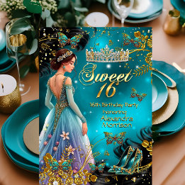 Süße 16. Geburtstags Teal Gold Kleid Schmetterling Einladung
